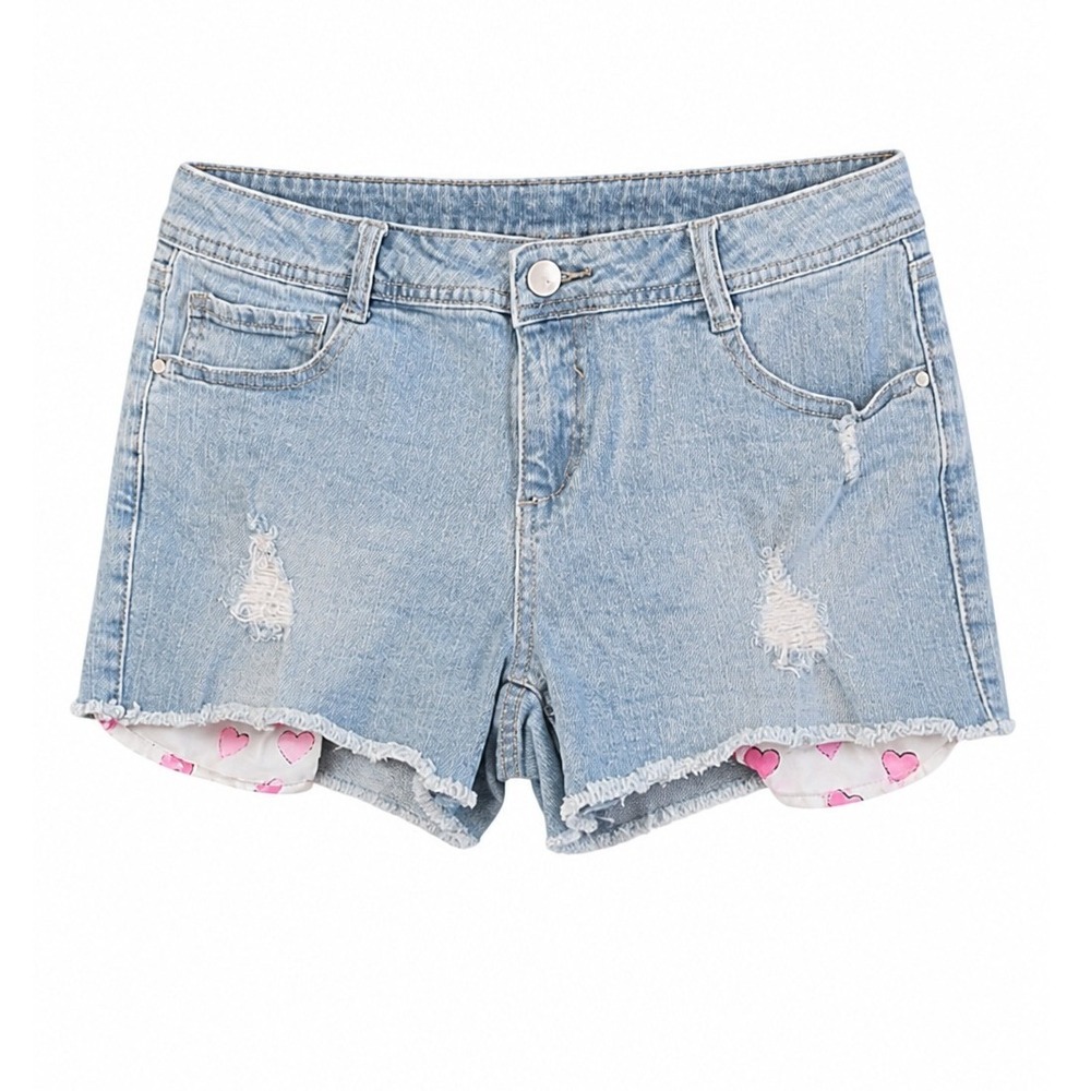 Total Girl 16.5 Plus Blue Distressed Denim Shorts Heart Print Pocket Lining